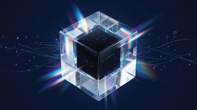 Abstract, technology, background, with, glowing, glass, prism, cube, light, refraction, rainbow, laser, core, quantum, computing, cyber, processor, intelligence, data, concept,