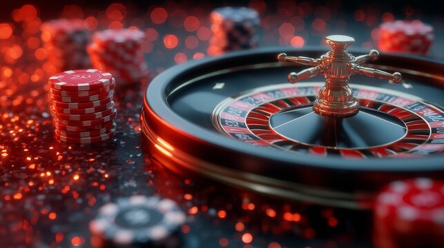 Elegant roulette wheel with stacks of gambling chips in this high quality professional photograph capturing the luxury atmosphere of a modern casino gaming table at night, evening