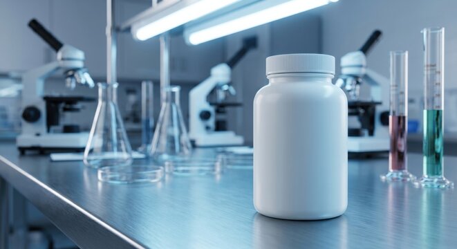 White supplement bottle on laboratory workbench