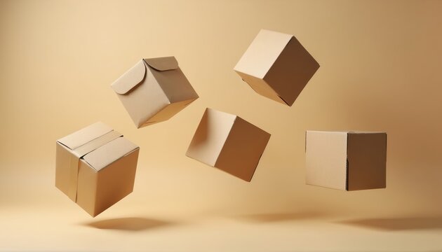 Cardboard boxes float in air against beige backdrop. Some boxes have tape seals. Minimalist composition suggests abstract delivery or storage concepts. Ready for shipping or unboxing.