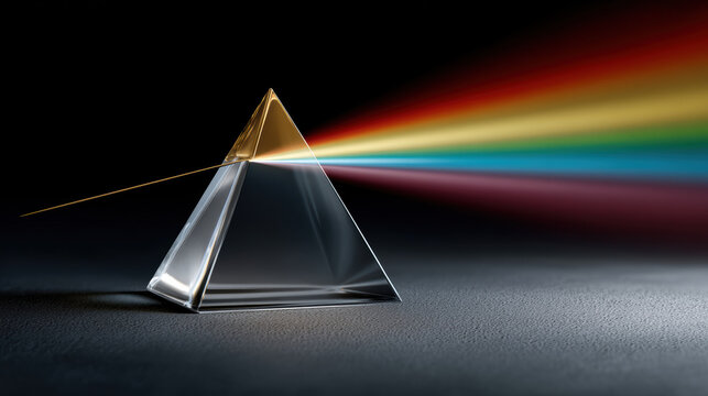Glass prism white light spectrum refraction rainbow dispersion physics science optical transparent colorful dark background vivid