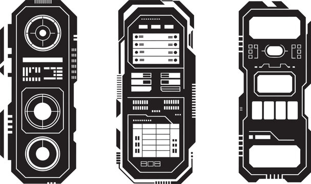 Futuristic sci-fi interface panels with screens and buttons, black vector illustration and control panel, user and game icons set and design