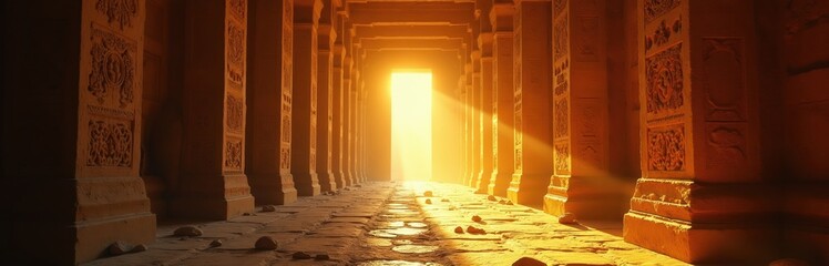 Fototapeta premium Sunlight streams through ancient temple corridor. Ornate pillars line stone pathway. Light beams through grand doorway, creating ethereal glowing atmosphere. Divine energy emanates from holy site.