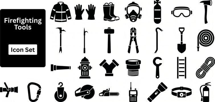 Silhouette vector of Firefighting Tools icon set. Firefighting Tools silhouette icon set. Firefighting equipment icons set with helmet, hose, radio, protective gear, and tools