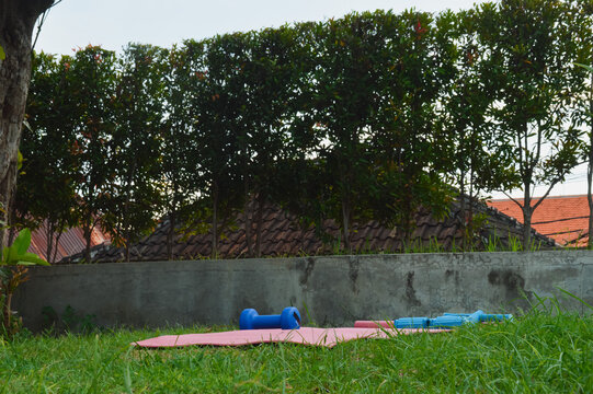 Captured close to the grassy ground from a right angle, this perspective highlights a pink yoga mat, a blue body trimmer band, and a blue weight on a green lawn near a stone border.