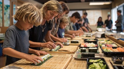Fototapeta premium Sushi rolling class on bamboo mats, families pressing rice and fish, wasabi dots precise, soy sauce dips, fresh seafood gleam