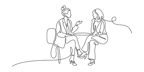 Two women talking at table continuous line art illustration © Akhi