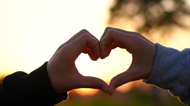 Sunset glows through hands forming a heart shape