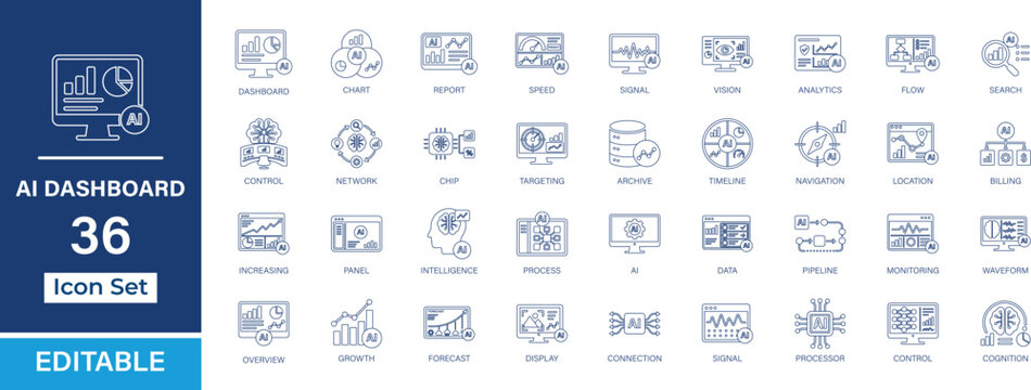 AI dashboard outline icon set. Containing analytics, monitoring, reporting, network, and more. Editable stroke. Vector illustration.