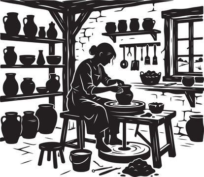 Pottery making, ceramic workshop, black and white vector, pottery wheel, clay crafting