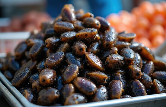 Pile of fresh goose neck barnacles freshly caught from Atlantic ocean waters. These percebes are a rare delicacy from Galicia Spain. They are ready for sale at a seafood market.