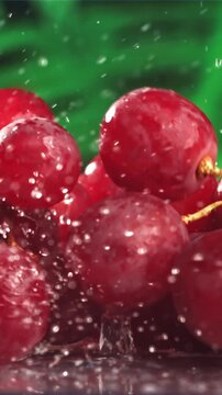 Red grapes fall with splashes on a wet table. Filmed on a high-speed camera at 1000 fps. High quality FullHD footage
