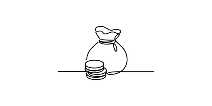 A simple line drawing of a money bag with a stack of coins on a white background