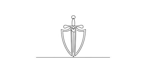 A line drawing of a sword and shield standing upright on a flat surface © Line Art