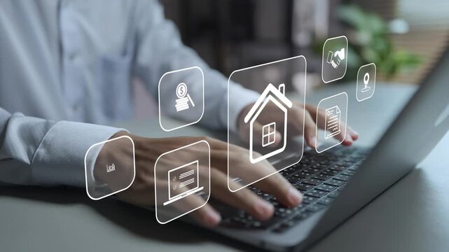 Property management with real estate operations concept. Person using laptop with property and management icons, real estate administration, tenant management and facility operations.