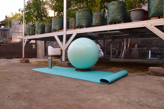 An angled perspective from the front-right captures a blue fitness mat supporting a metallic drink flask, situated next to a teal training ball by a shaded residential nursery.