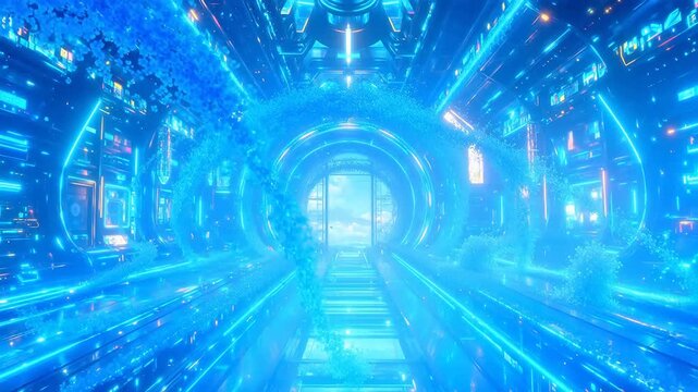 幾何学模様と現代アートを際立たせる光り輝く照明を備えた,未来的な青い廊下