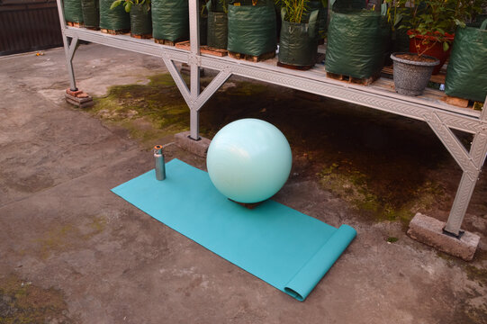 Captured from a high right-angled viewpoint, a blue training mat with a silver beverage container sits beside a teal workout ball near lightweight steel garden shelving.