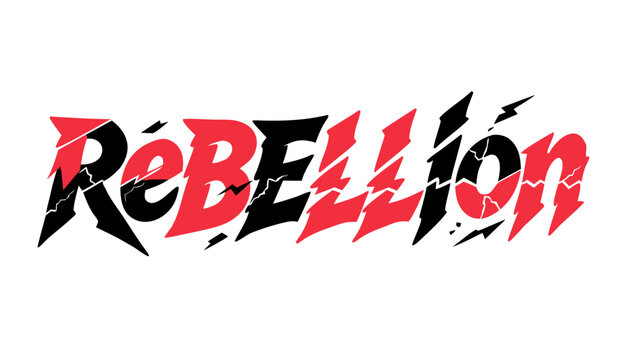 Close-up rebellious typography featuring the word ReBELLion in aggressive mixed-case lettering with fiery red and matte black gradient accents, distressed urban textures, subtle cracked concrete and l