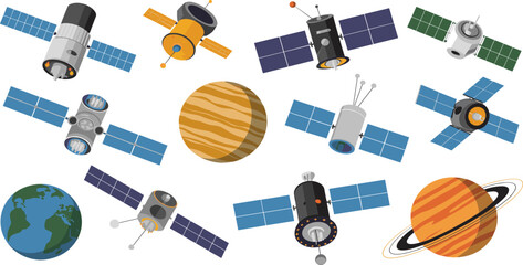 Flat Vector Illustration Set of Space Satellites Orbiting Planets Including Earth and Saturn for Global Communication Science Technology and Astronomy Education Designs © MstBobita