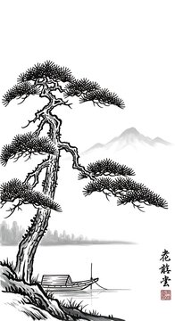 Traditional Ink Pine Tree Standing Beside Quiet Lake and Mountain Landscape