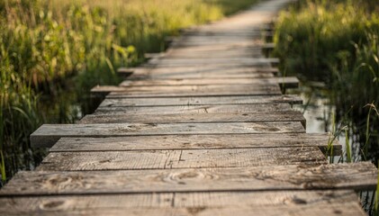 Obraz premium Wooden boardwalk trail elevated over marshy ground medium shot focusing on the natural wood grain with softfocus greenery framing the scene.