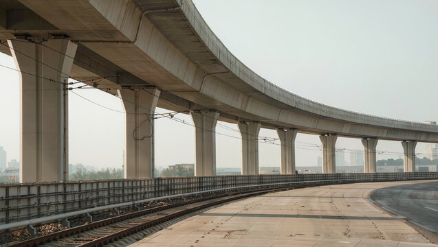 Highway overpass with concrete pillars.
