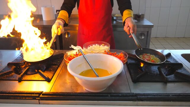 Unrecognizable chef holding two pans and cooking flambe style dish in modern kitchen of restaurant. Male cook tossing and frying vegetables in flaming skillets on stove. Concept of cooking. Slow mo