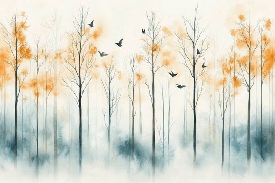 The landscape captures the intricate details of barren branches intertwined with vibrant birds. 