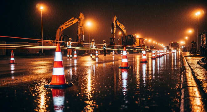 Nighttime road construction scene with workers, heavy machinery, and traffic cones on a wet, reflective street under orange streetlights.