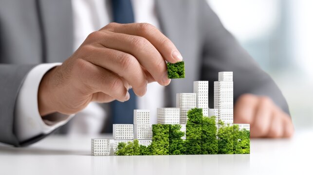 A businessman constructs a sustainable city model by placing green blocks with foliage onto white building-like cubes.