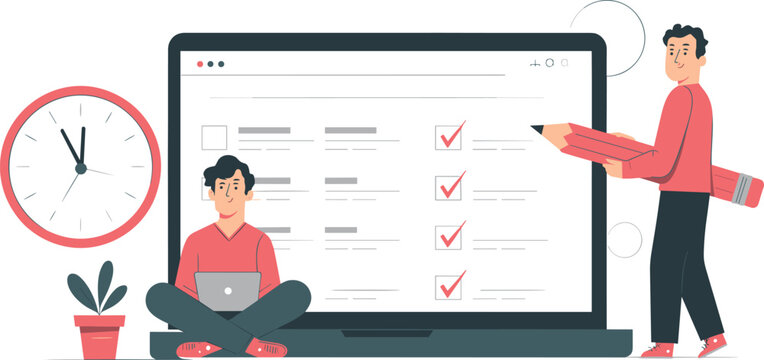 Business team managing tasks online with checklist on laptop screen time management and project scheduling vector illustration