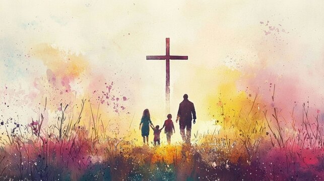 A heartfelt family moment as they approach a symbol of Christianity.
