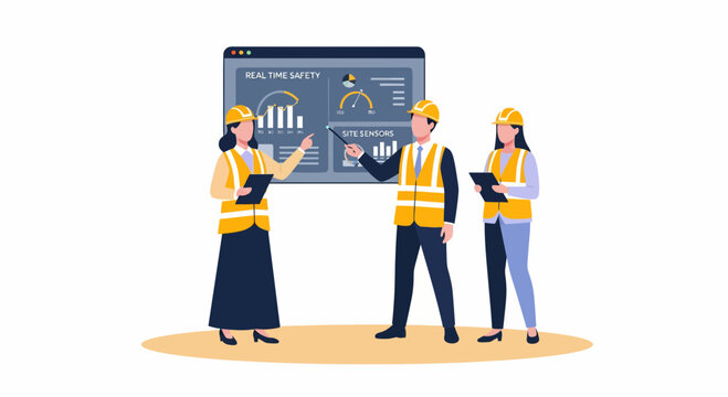 Construction workers monitoring infrastructure project on a digital screen