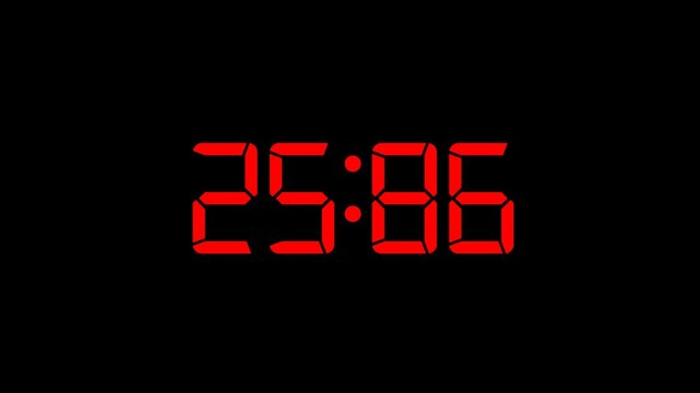 Red digital countdown timer animation, electronic scoreboard clock numbers, time pressure concept video