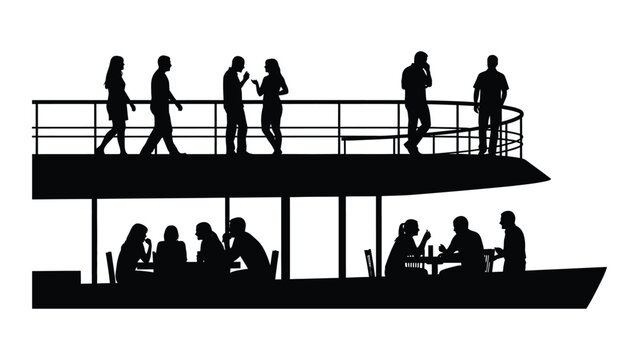 black silhouette of a two deck riverboat with people on a white background silhouette