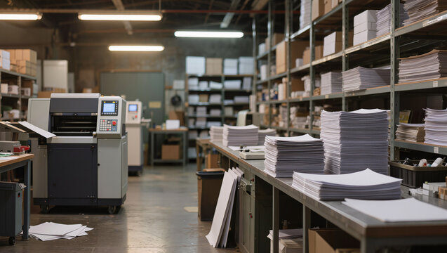 Industrial office workspace with printing machines.