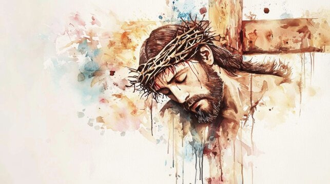 This watercolor artwork captures the emotional essence of Jesus on the cross.