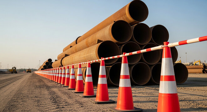 A long line of orange and white traffic cones with barrier tape marking a path towards a large stack of rusty industrial pipes on a dirt construction site.