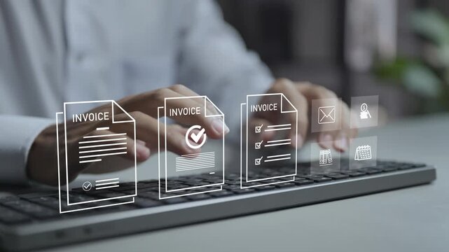 Digital invoice and billing system concept. Person typing keyboard with invoice document and payment icons, financial transactions, accounting management and online billing.