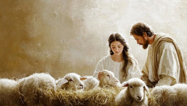 A serene depiction of Jesus, Joseph, and Mary in a rustic barn.