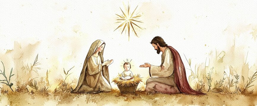 Capturing the tender moment in Bethlehem with a watercolor depiction of the Holy Family.