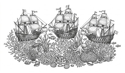 Vintage coral and sailing ship sketch coloring vector illustration isolated on white background © MD ASHIK MIA