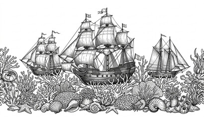 Vintage coral and sailing ship sketch coloring vector illustration isolated on white background © MD ASHIK MIA