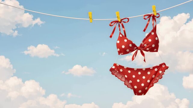 Red polka-dot bikini hung on a clothesline against a bright blue sky dotted with fluffy white clouds, a two-piece swimsuit drying on yellow clothespins in soft sunlight