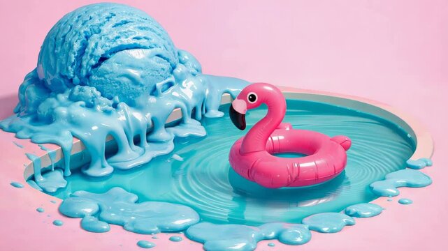 Surreal summer still life of a giant melting blue ice cream scoop cascading into a glossy turquoise pool with a bright pink inflatable flamingo float on a pastel pink background.