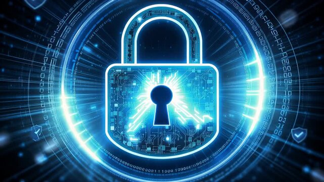 Glowing blue digital padlock representing cybersecurity and encryption protecting networked data with circuit authentication, privacy, and secure access protocols