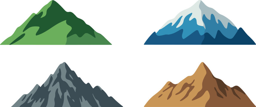 Mountain peaks vector illustration set with green hills snowy blue slopes rocky gray and brown desert mountains isolated on white background