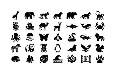 Fototapeta premium Wildlife Zoo Nature. Solid glyph icon set of animals and wildlife nature: giraffe, elephant, tiger, wolf, bear, fox, monkey, owl, frog, camel, deer, shark, whale, crab, octopus, jellyfish, butterfly,