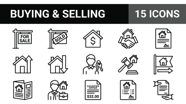 Real estate buying and selling icons, 15 property market line vector set, house sale and mortgage business symbols